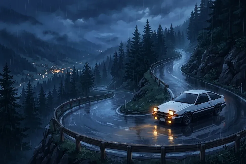 KI-Illustration: weisses Achtziger-Coupé mit Klappscheinwerfern nachts im Regen auf einer kurvigen Passstrasse – eine Hommage an das Kultauto aus dem Anime Initial D